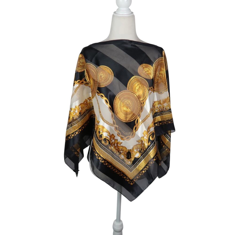 Vintage 80s Scarf Poncho Top Black Sheer Stripe Gold Coin Medallion